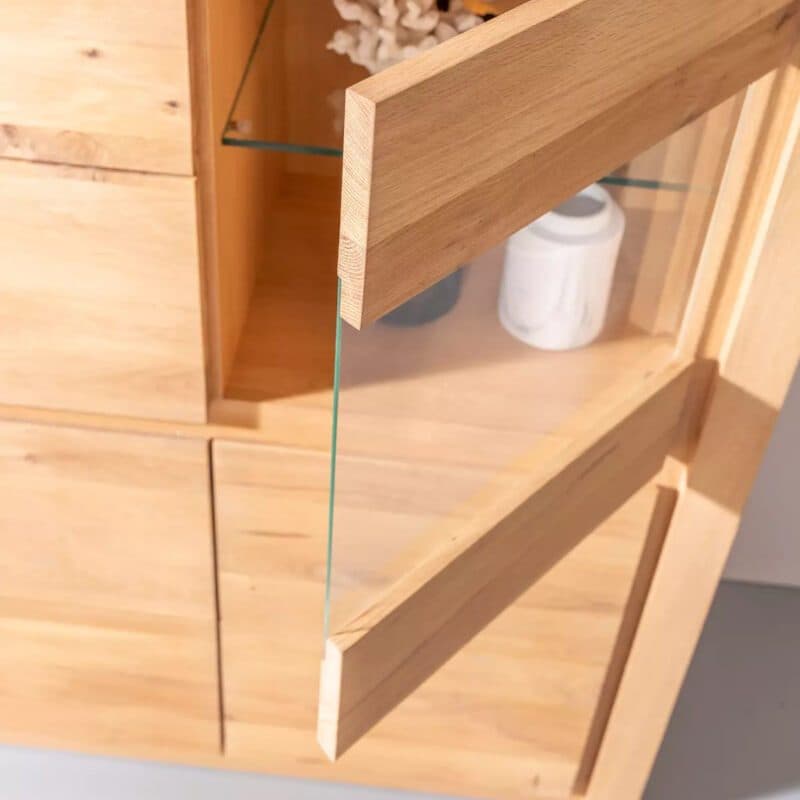 Liadomo Vigo Wohnwand mit Fronten aus Wildeiche massiv gewachst - Highboard mit Glastür