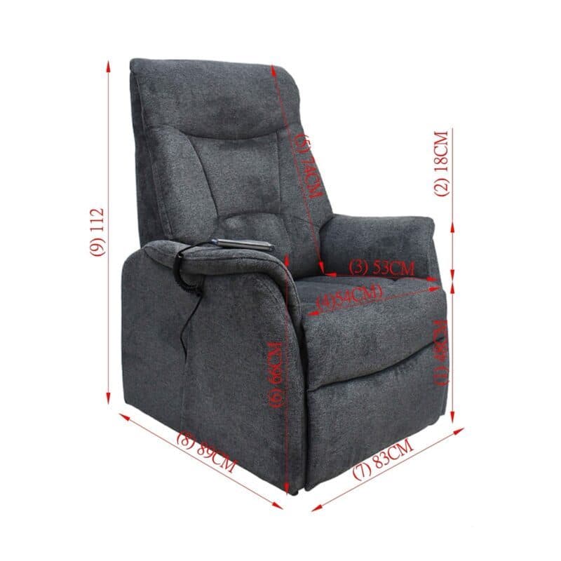 Louming Mailo Fernsehsessel in Bezug Garden Dunkelgrau mit 2-motorischer Funktion und Aufstehhilfe - Maßskizze