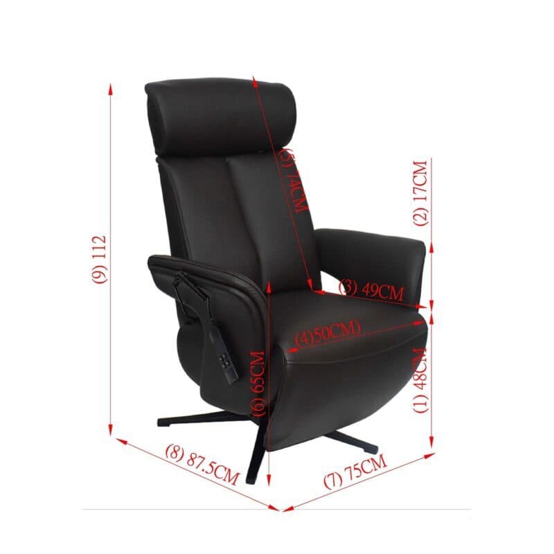 Louming Mathis in Leder chocolat und Gestell aus Aluminium in schwarz - Maßskizze