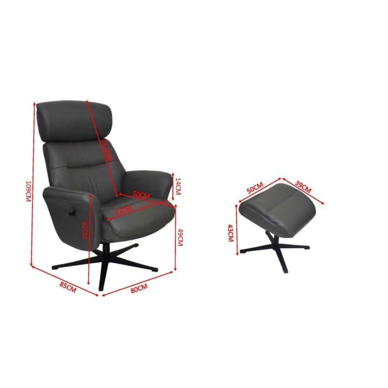 Louming Mio Relaxsessel mit Hocker in Leder dunkelgrau - Maßskizze