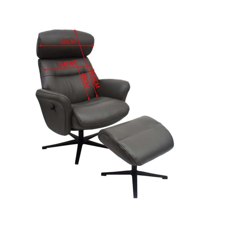 Louming Mio Relaxsessel mit Hocker in Leder dunkelgrau - Maßskizze