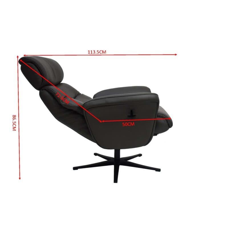 Louming Mio Relaxsessel mit Hocker in Leder dunkelgrau - Maßskizze Relaxfunktion