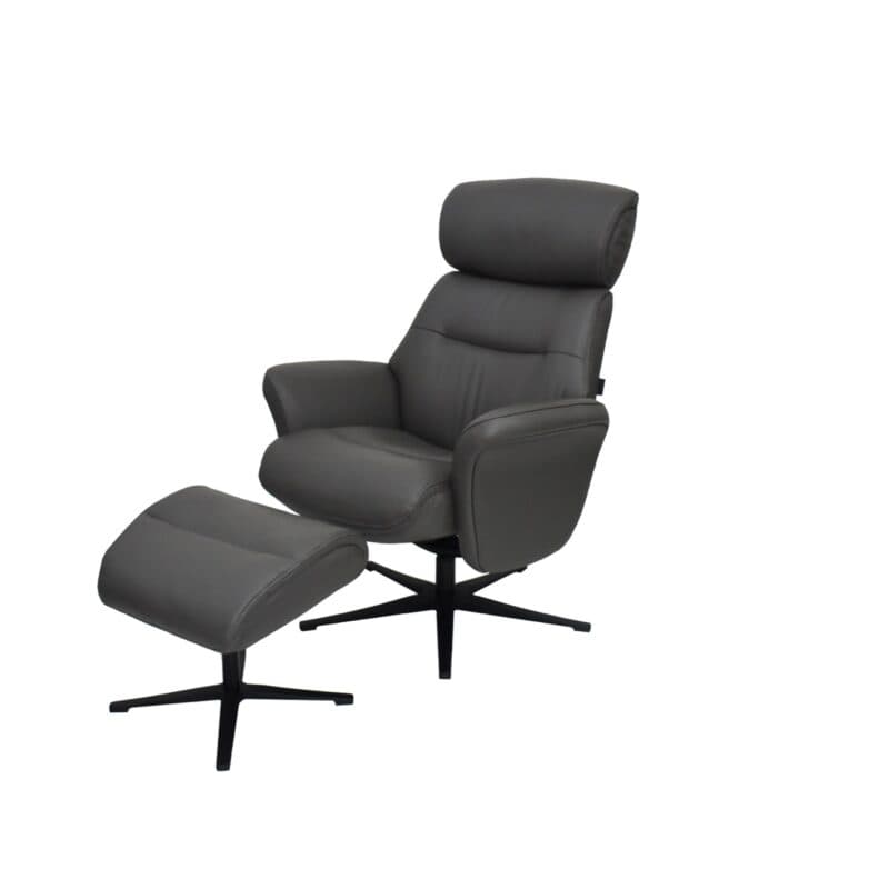 Louming Mio Relaxsessel mit Hocker in Leder dunkelgrau - schräg