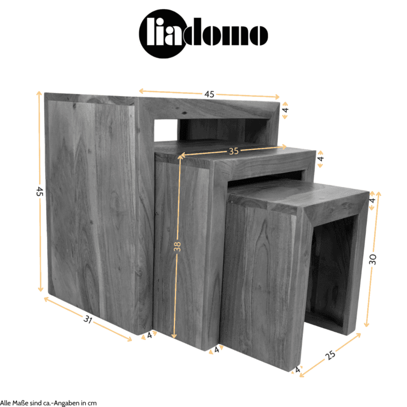 Liadomo Bianca Beistelltisch 3-teilig aus Akazienholz - Maßskizze