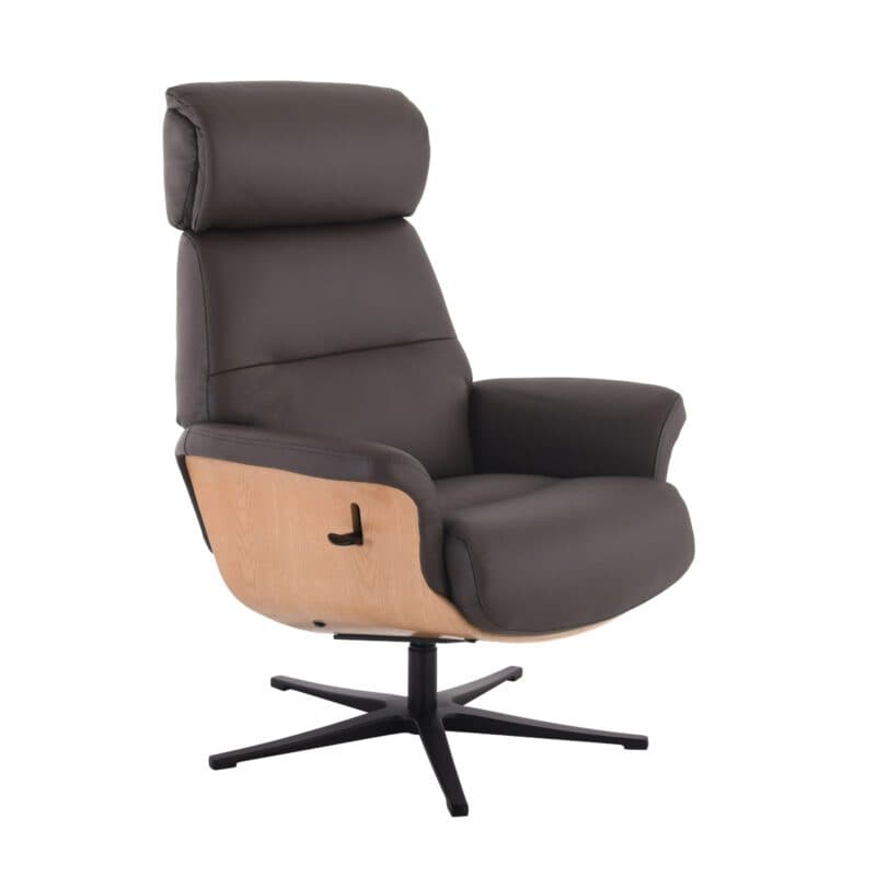 Louming Moani Relaxsessel in Bezug Leder dunkelbraun mit Schale in Eiche Furnier - seitlich