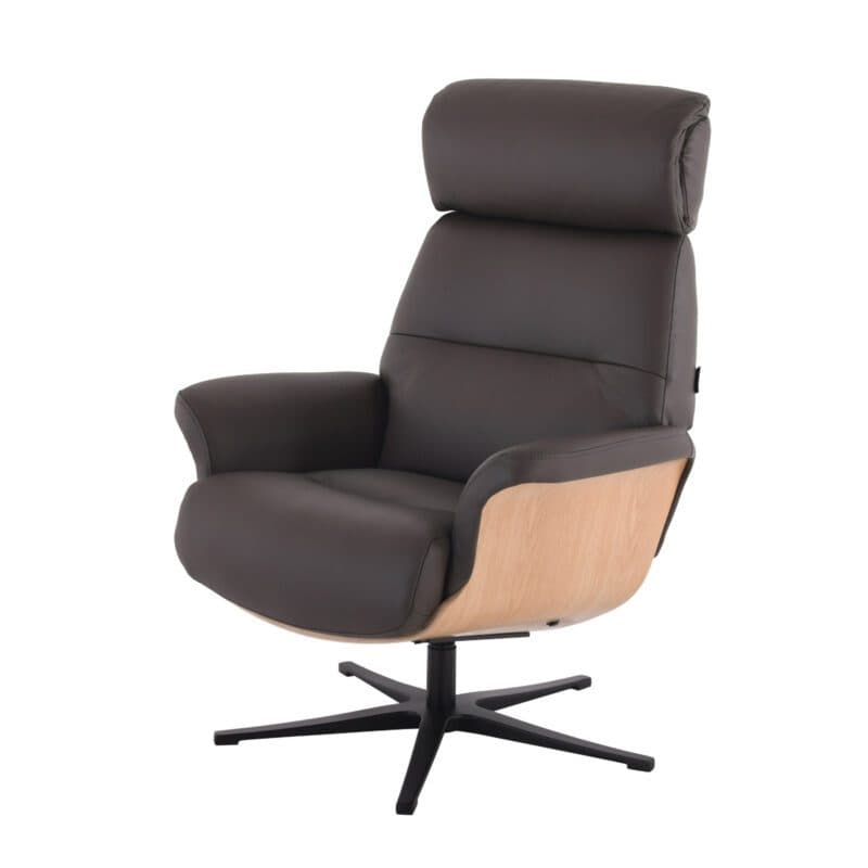 Louming Moani Relaxsessel in Bezug Leder dunkelbraun mit Schale in Eiche Furnier - seitlich