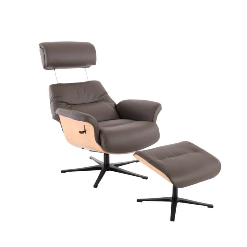 Louming Moani Relaxsessel mit Hocker in Bezug Leder dunkelbraun mit Schale in Eiche Furnier - Funktion