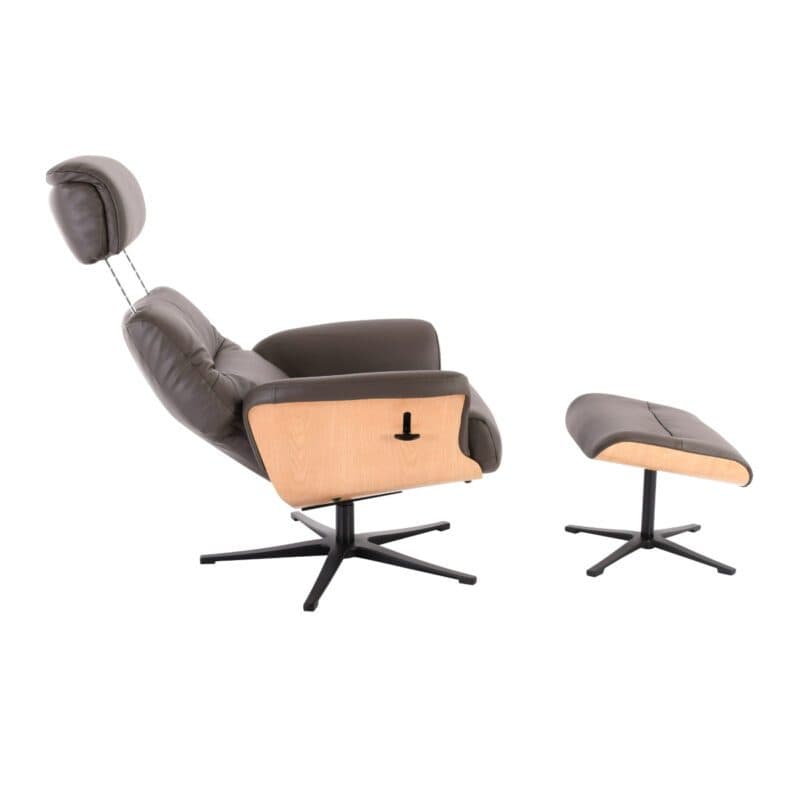 Louming Moani Relaxsessel mit Hocker in Bezug Leder dunkelbraun mit Schale in Eiche Furnier - Funktion
