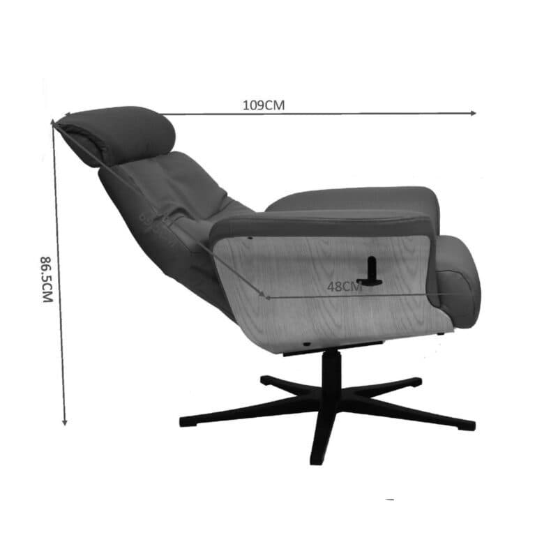 Louming Moani Relaxsessel mit Hocker in Bezug Leder dunkelbraun mit Schale in Eiche Furnier - Maßskizze Funktion