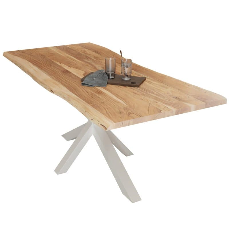 Liadomo Diala Esstisch mit Platte aus Akazie natur und Spider Gestell in Weiß