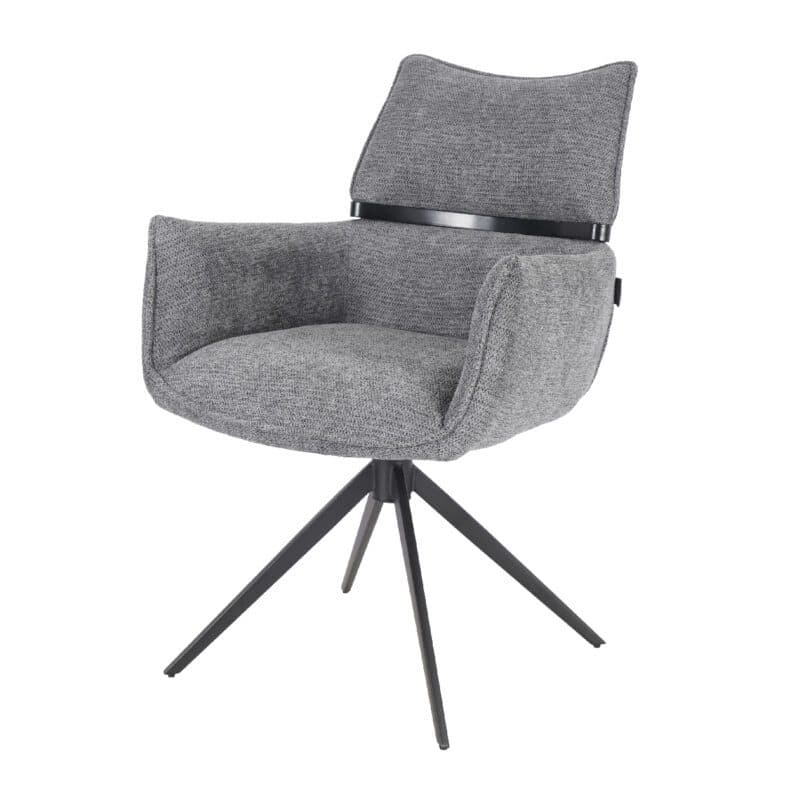 Louming Marja Armlehnstuhl mit Bezug in Textilgewebe Lord 15 grau und Holzapplikation in der Rückenlehne