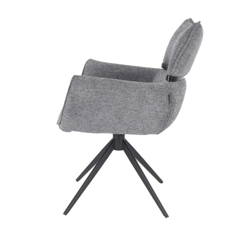 Louming Marja Armlehnstuhl mit Bezug in Textilgewebe Lord 15 grau und Holzapplikation in der Rückenlehne