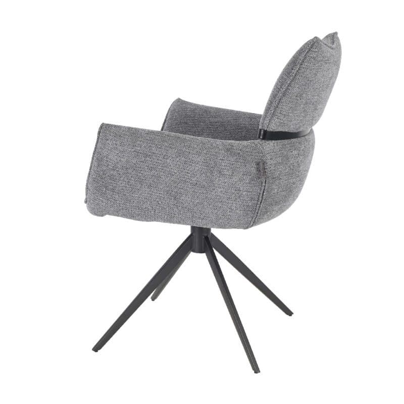 Louming Marja Armlehnstuhl mit Bezug in Textilgewebe Lord 15 grau und Holzapplikation in der Rückenlehne