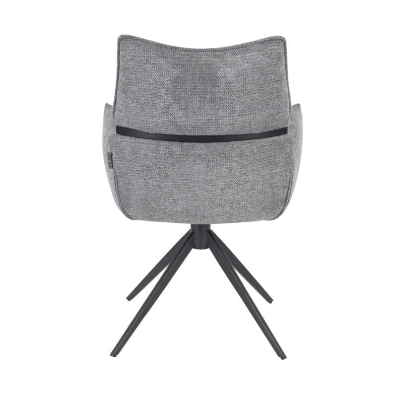Louming Marja Armlehnstuhl mit Bezug in Textilgewebe Lord 15 grau und Holzapplikation in der Rückenlehne