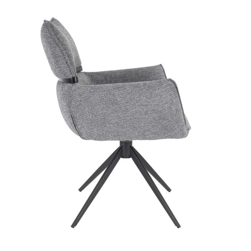 Louming Marja Armlehnstuhl mit Bezug in Textilgewebe Lord 15 grau und Holzapplikation in der Rückenlehne