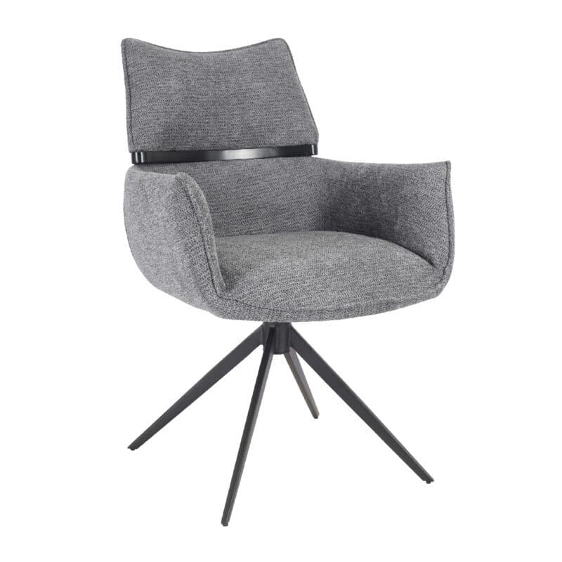 Louming Marja Armlehnstuhl mit Bezug in Textilgewebe Lord 15 grau und Holzapplikation in der Rückenlehne