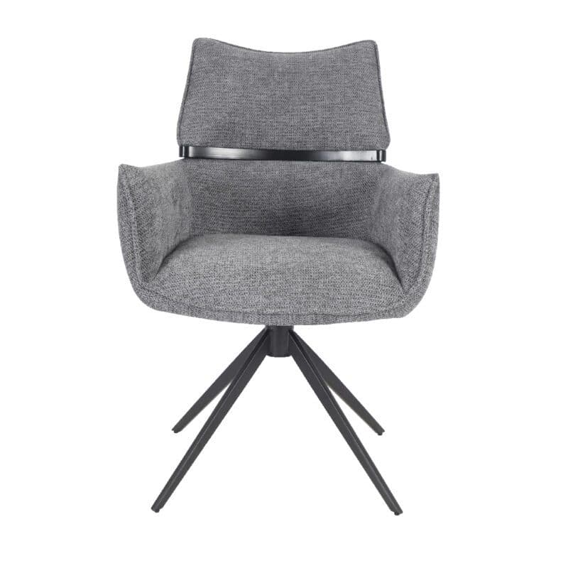 Louming Marja Armlehnstuhl mit Bezug in Textilgewebe Lord 15 grau und Holzapplikation in der Rückenlehne