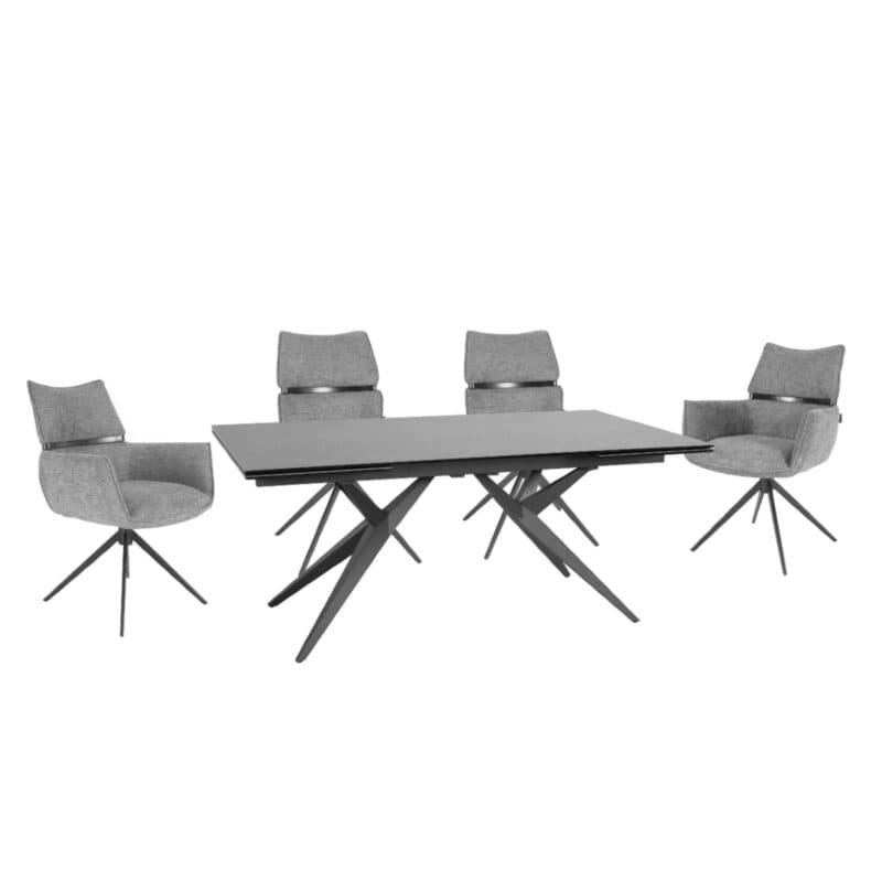 Louming Marja Esszimmerstuhl mit Bezug in Textilgewebe Lord 15 grau und Holzapplikation in der Rückenlehne - Wohnbeispiel