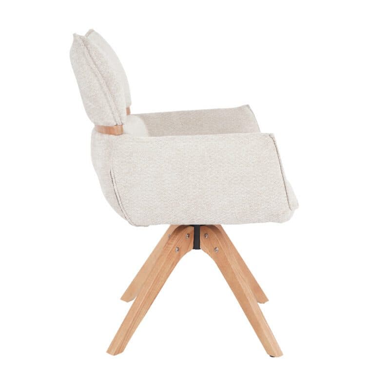 Louming Marou Armlehnstuhl mit Bezug in Textilgewebe Retro Bliss 03 beige und Holzapplikation in der Rückenlehne