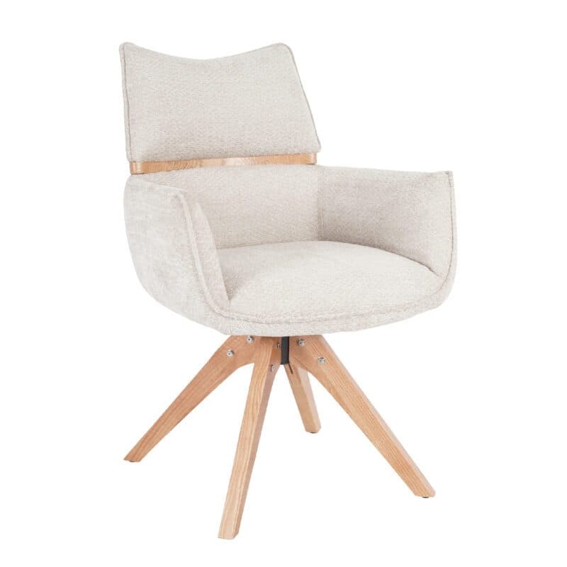 Louming Marou Armlehnstuhl mit Bezug in Textilgewebe Retro Bliss 03 beige und Holzapplikation in der Rückenlehne