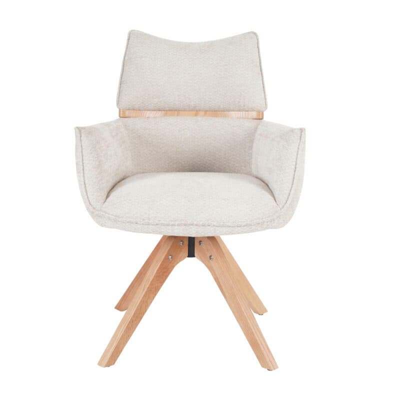 Louming Marou Armlehnstuhl mit Bezug in Textilgewebe Retro Bliss 03 beige und Holzapplikation in der Rückenlehne