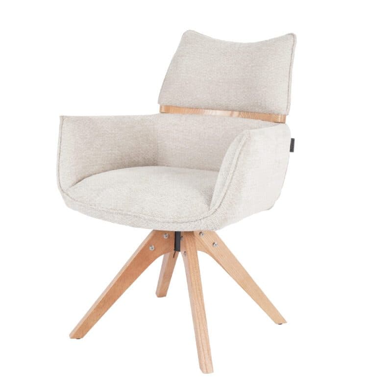 Louming Marou Armlehnstuhl mit Bezug in Textilgewebe Retro Bliss 03 beige und Holzapplikation in der Rückenlehne