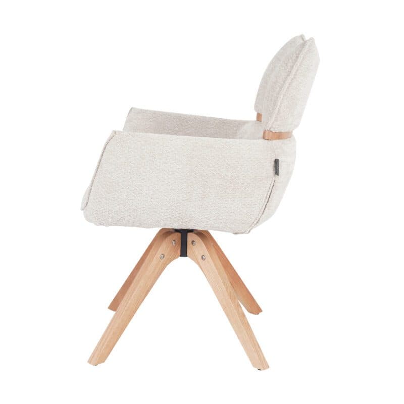 Louming Marou Armlehnstuhl mit Bezug in Textilgewebe Retro Bliss 03 beige und Holzapplikation in der Rückenlehne