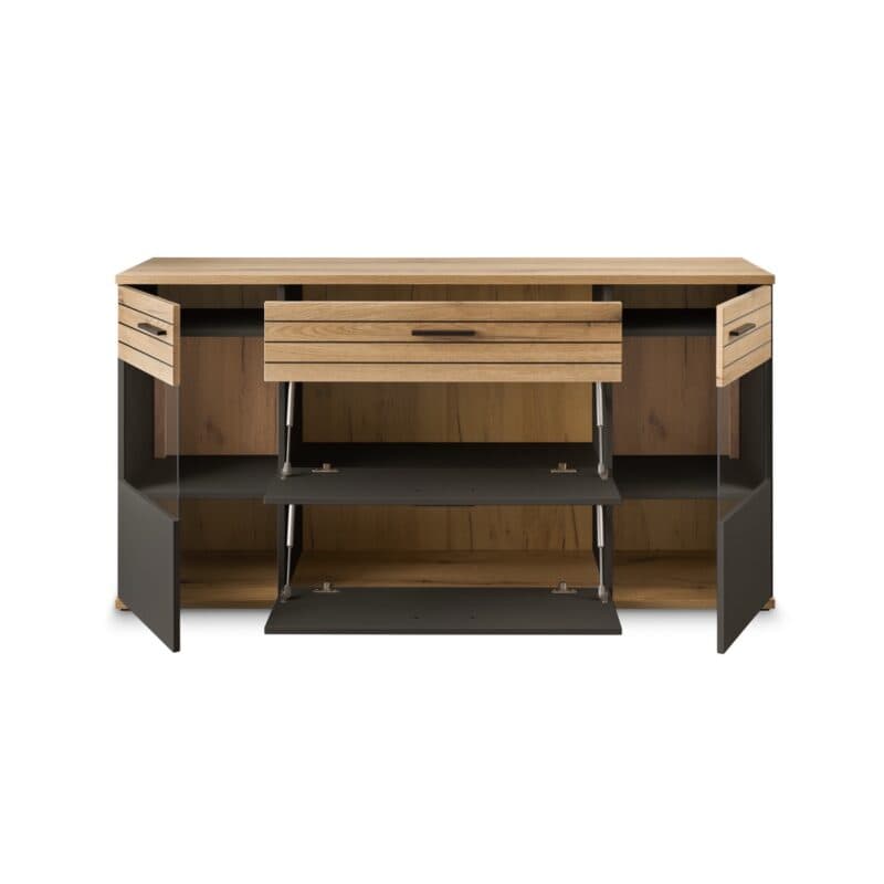 set one by Musterring Quincy Sideboard in Dekor Anthrazit Absetzung in Eiche Nachbildung - Frontansicht offen