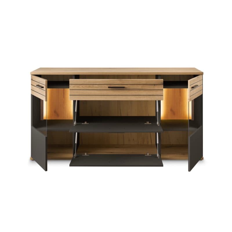 set one by Musterring Quincy Sideboard in Dekor Anthrazit Absetzung in Eiche Nachbildung - Frontansicht offen