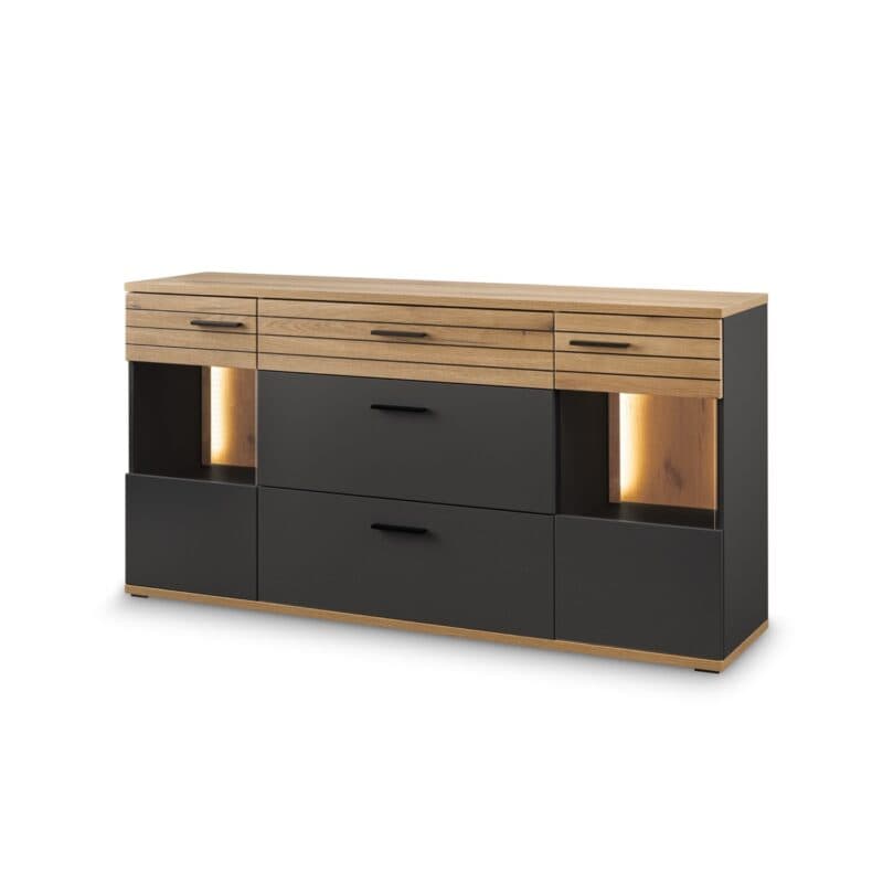 set one by Musterring Quincy Sideboard in Dekor Anthrazit Absetzung in Eiche Nachbildung - Perspektivansicht
