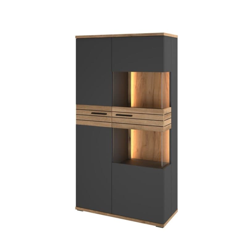 set one by Musterring Quincy Vitrine mit 2 Türen in Dekor Anthrazit Absetzung in Eiche Nachbildung - Perspektivansicht - beleuchtet