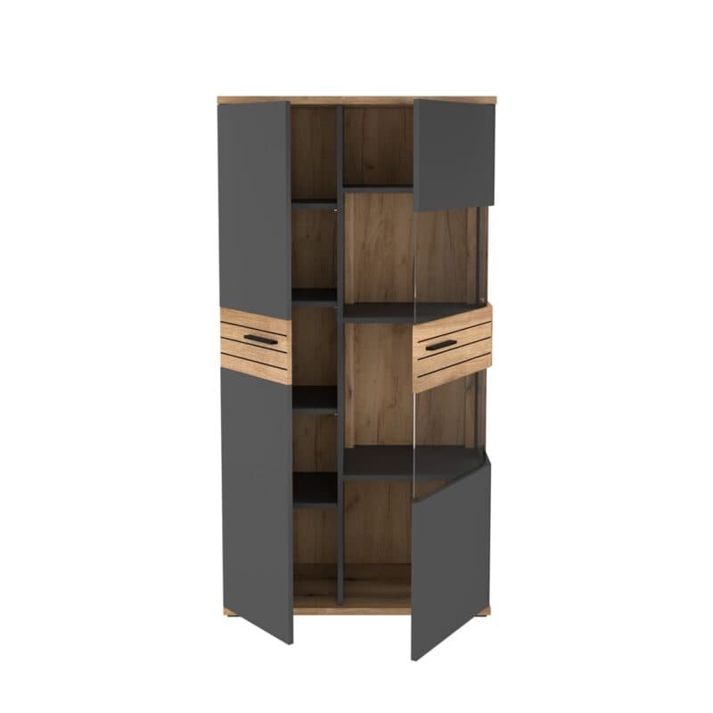 set one by Musterring Quincy Vitrine mit 2 Türen in Dekor Anthrazit Absetzung in Eiche Nachbildung - Frontansicht - offen