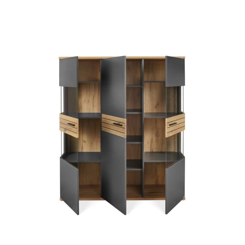 set one by Musterring Quincy Vitrine mit 3 Türen in Dekor Anthrazit Absetzung in Eiche Nachbildung - Frontansicht - offen