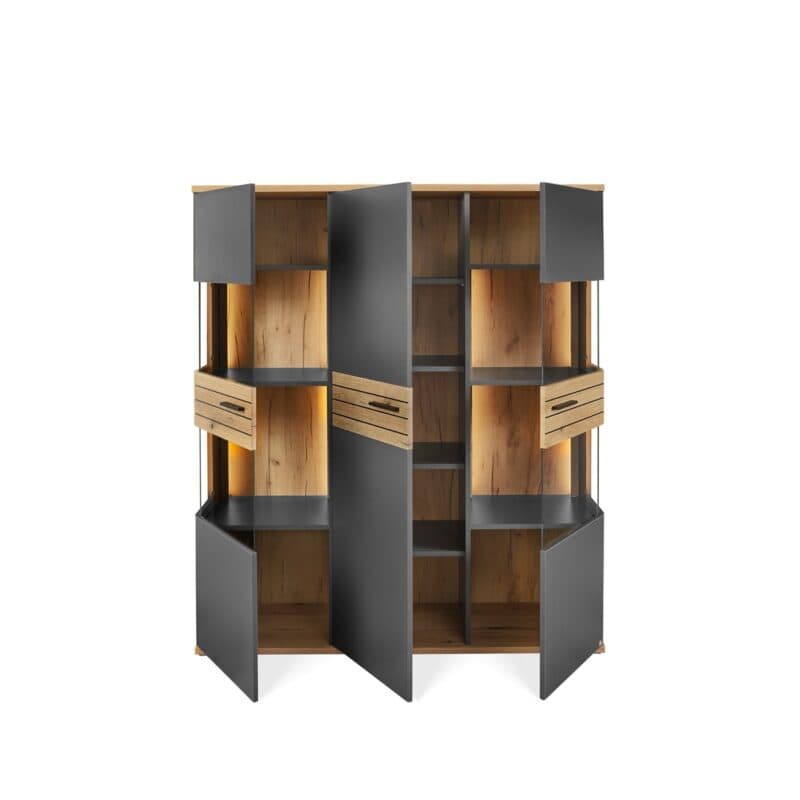 set one by Musterring Quincy Vitrine mit 3 Türen in Dekor Anthrazit Absetzung in Eiche Nachbildung - Frontansicht - offen - beleuchtet