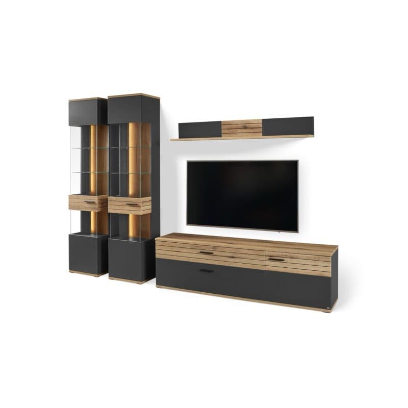 set one by Musterring Wohnwand 4-teilig Type 28 in Dekor Anthrazit Absetzung in Eiche Nachbildung - Perspektivansicht - beleuchtet