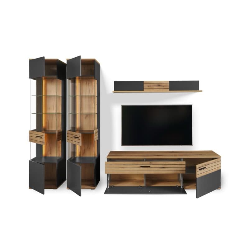 set one by Musterring Wohnwand 4-teilig Type 28 in Dekor Anthrazit Absetzung in Eiche Nachbildung - Frontansicht - offen - beleuchtet