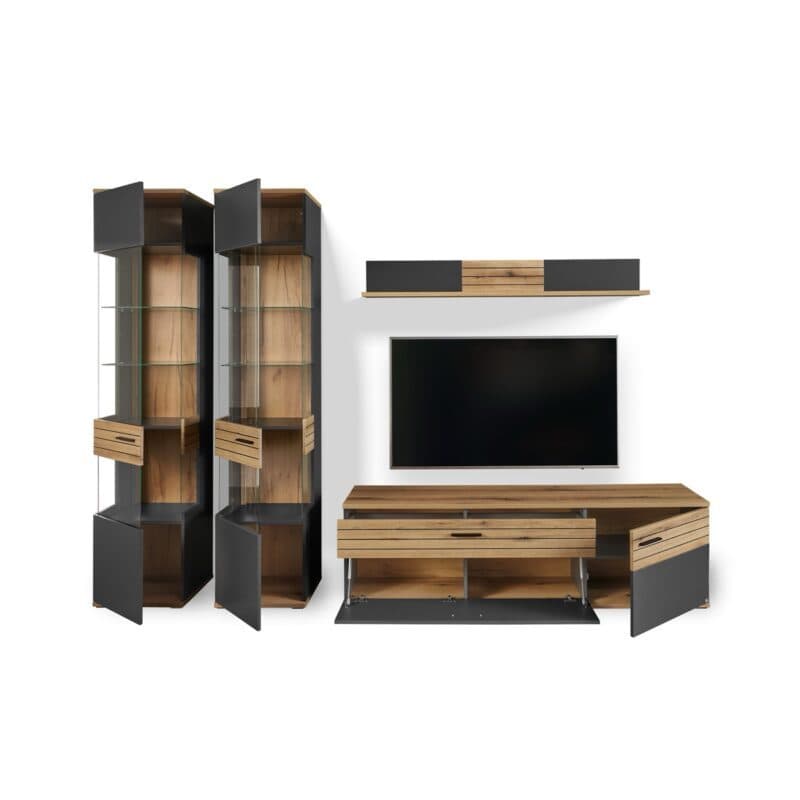 set one by Musterring Wohnwand 4-teilig Type 28 in Dekor Anthrazit Absetzung in Eiche Nachbildung - Frontansicht - offen