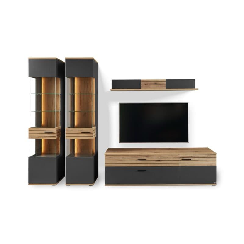 set one by Musterring Wohnwand 4-teilig Type 28 in Dekor Anthrazit Absetzung in Eiche Nachbildung - Frontansicht - beleuchtet