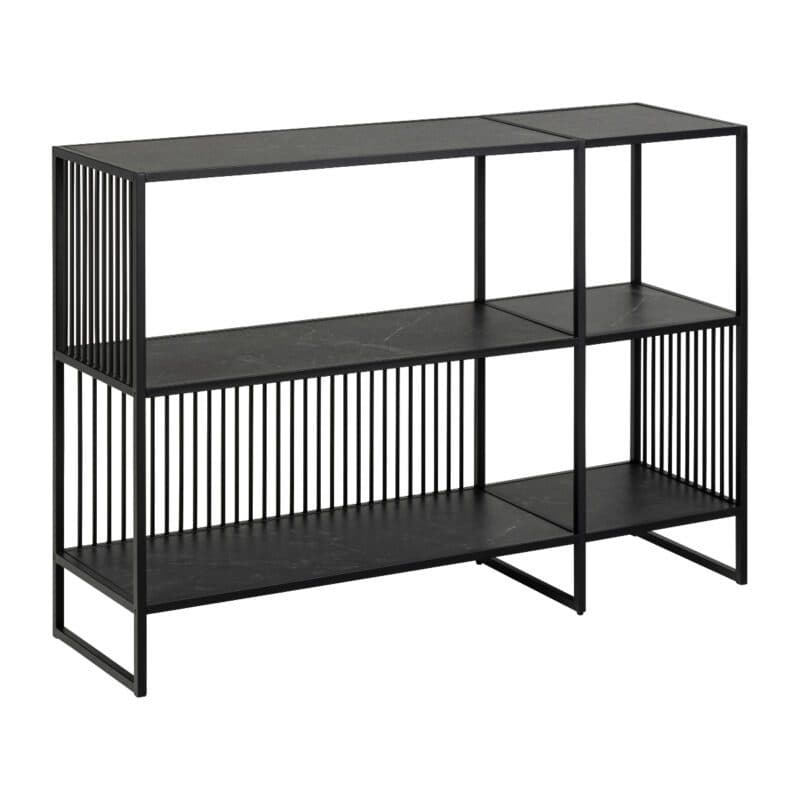 Liadomo Abril Regal mit 2 Fächern, Böden in Marmor-Optik und Gestell in Schwarz - Perspektivansicht
