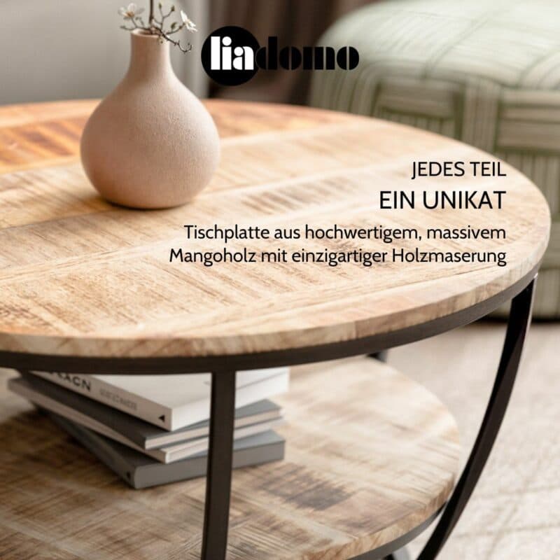 Liadomo Gianna Couchtisch aus massivem Mangoholz und Metallgestell - USB Unikat