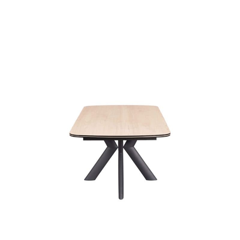 Louming Maelia Ausziehtisch mit Platte aus Glaskeramik in heller Holzoptik und Gestell aus Metall in schwarz - Frontansicht