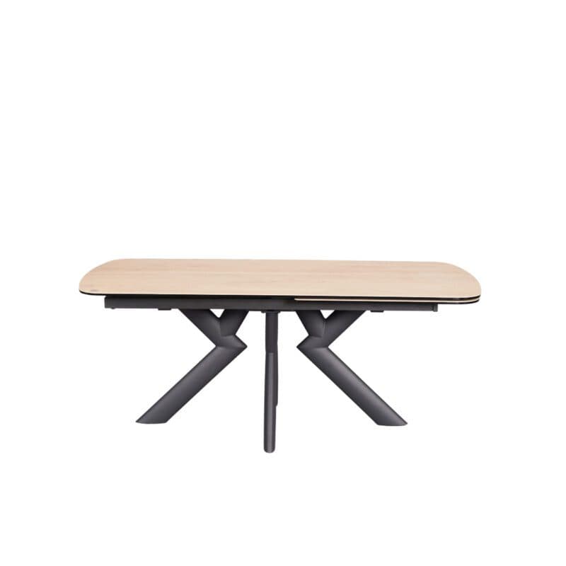 Louming Maelia Ausziehtisch mit Platte aus Glaskeramik in heller Holzoptik und Gestell aus Metall in schwarz - Seitenansicht - Auszug geschlossen