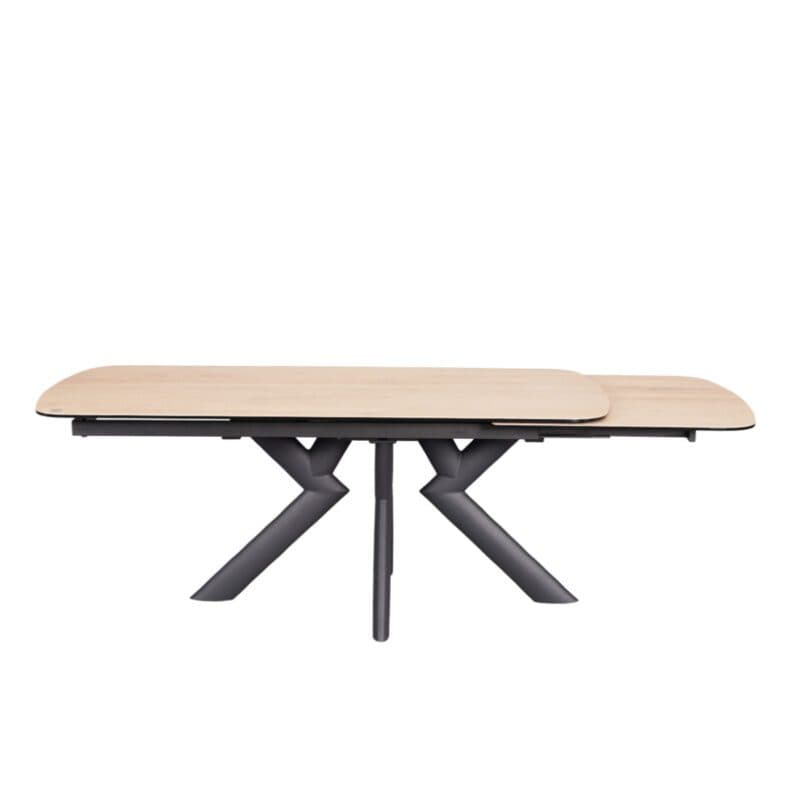 Louming Maelia Ausziehtisch mit Platte aus Glaskeramik in heller Holzoptik und Gestell aus Metall in schwarz - Seitenansicht - Auszug halb geöffnet
