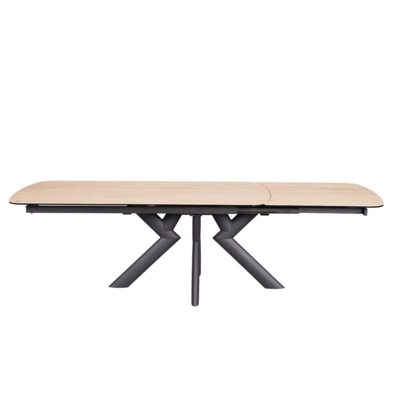 Louming Maelia Ausziehtisch mit Platte aus Glaskeramik in heller Holzoptik und Gestell aus Metall in schwarz - Seitenansicht - Auszug geöffnet