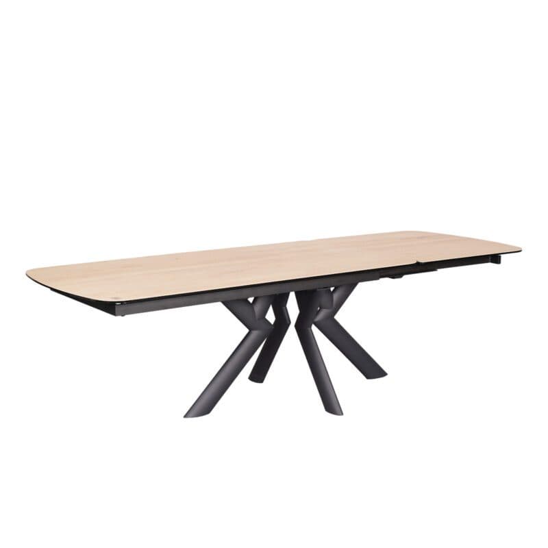 Louming Maelia Ausziehtisch mit Platte aus Glaskeramik in heller Holzoptik und Gestell aus Metall in schwarz - Perspektivansicht
