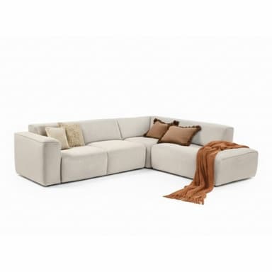 Dixx Divani Ecksofa Three mit Cord Bezug in Beige Umbauecke rechts - Perspektivansicht mit Deko