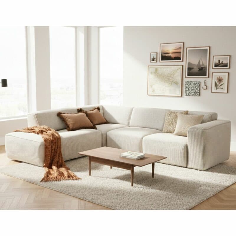 Dixx Divani Ecksofa Three mit Cord Bezug in Beige Umbauecke links - Wohnbeispiel