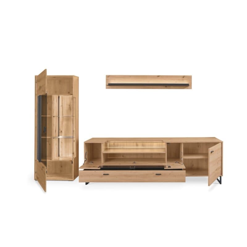 set one by Musterring Deltona Wohnwand Type 61 in Eiche Artisan Nachbildung - Frontansicht offen beleuchtet