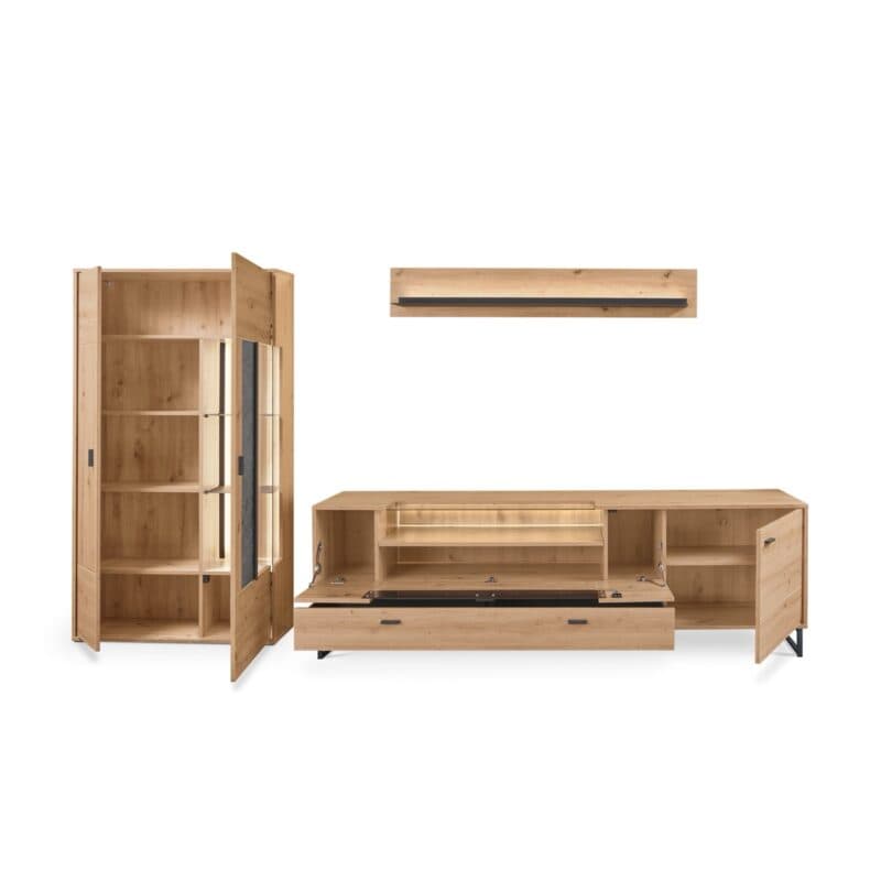 set one by Musterring Deltona Wohnwand Type 01 in Eiche Artisan Nachbildung - Frontansicht offen beleuchtet