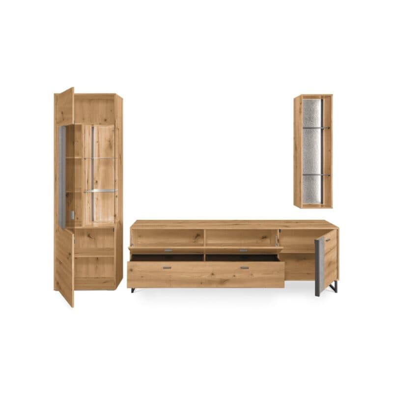 set one by Musterring Deltona Wohnwand Type 03 in Eiche Artisan Nachbildung - Frontansicht offen beleuchtet